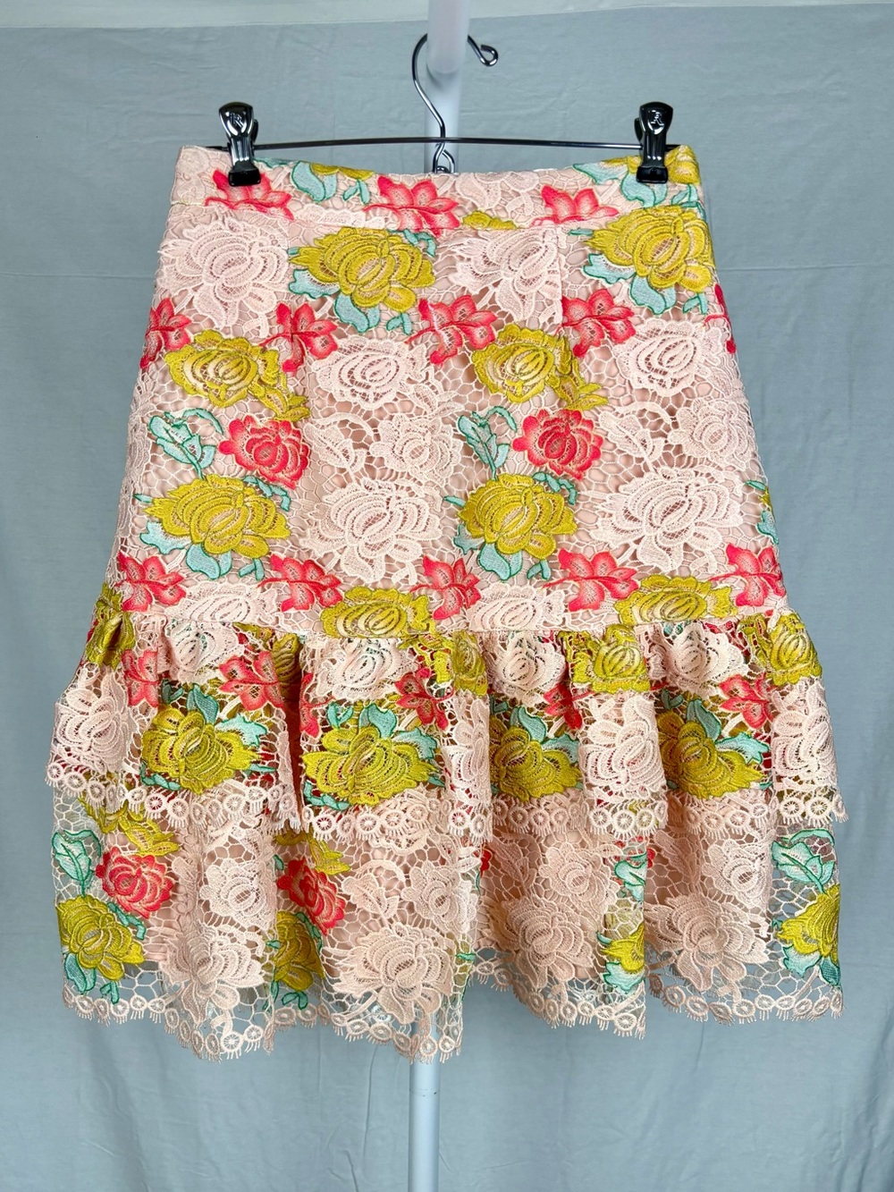 Anthropologie Pink Lace A-Line hutch Skirt with Floral Embroidery